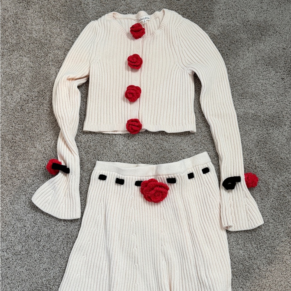 For Love And Lemons Cream Knit Top with Red Floral Detail